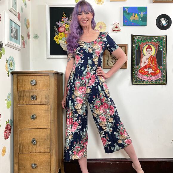 Vintage Floral Rayon Jumpsuit, 1980s Navy & Pink One Piece by Expo, Sz S - Picture 1 of 11